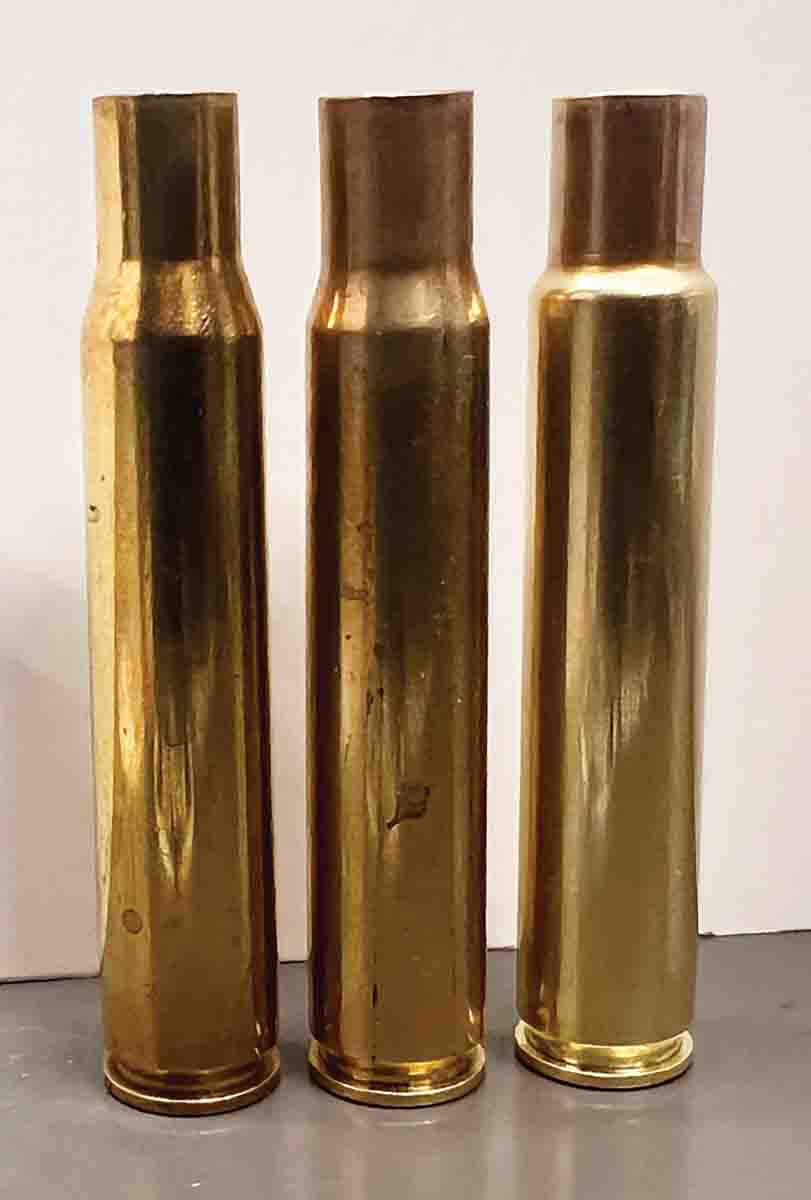 Brass forming from .30-06 to .338-06 AI (left to right): .30-06 brass, .30-06 brass necked-up to fit .338 bullet for fireforming and .338-06 AI brass after fireforming.